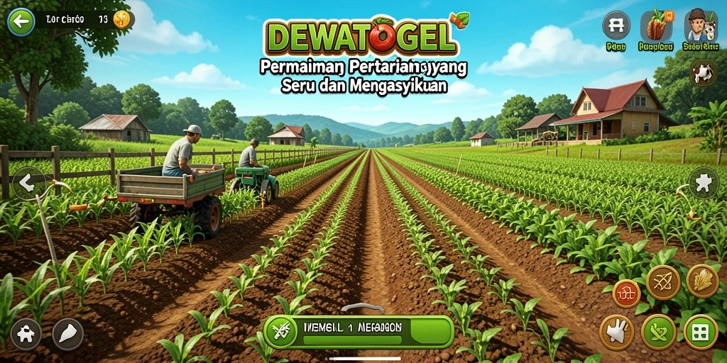 Tangkapan layar gameplay DEWATOGEL yang menampilkan kebun indah dan hewan ternak.