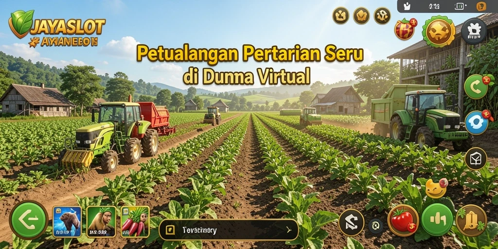 Tampilan gameplay seru di JAYASLOT dengan ladang hijau dan hewan ternak.