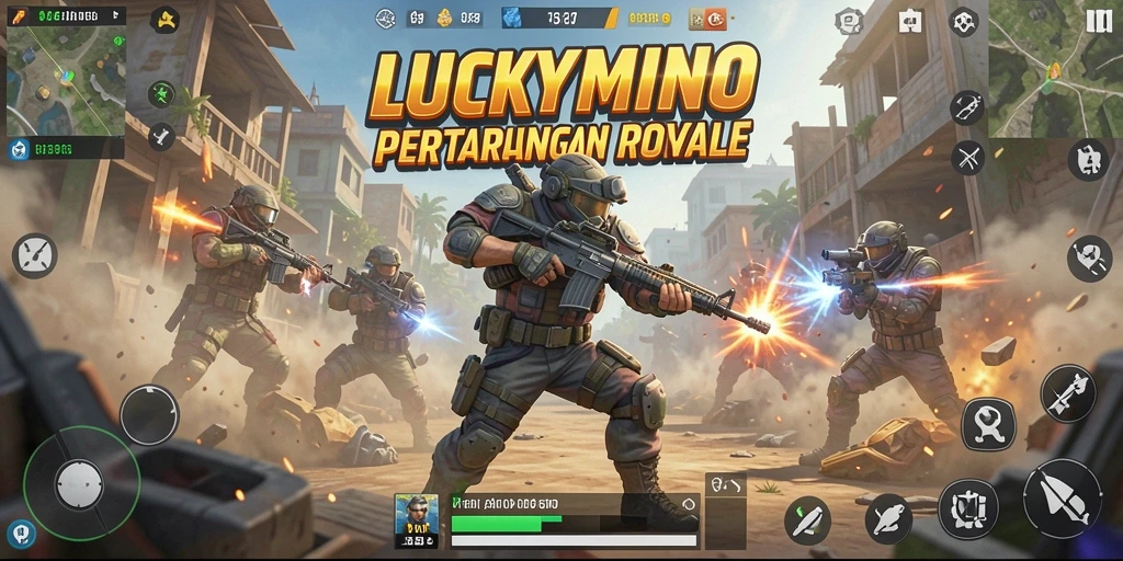 Screenshot utama LUCKYMINO menampilkan aksi Battle Royale yang intens.