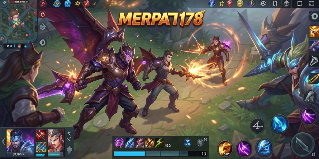 Screenshot utama MERPATI178 menampilkan pertarungan seru antar karakter MOBA.