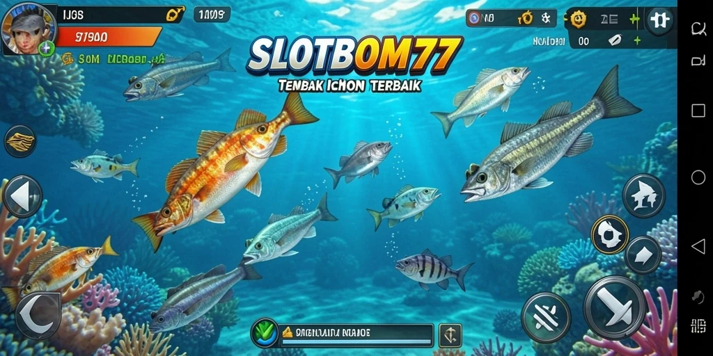 Screenshot menampilkan aksi menembak ikan yang mendebarkan di SLOTBOM77.